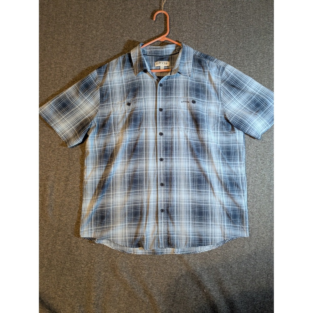 Orvis‎ Shirt Men's XL Blue Plaid Classic Collection Button Up Short Sleeve Comfy
